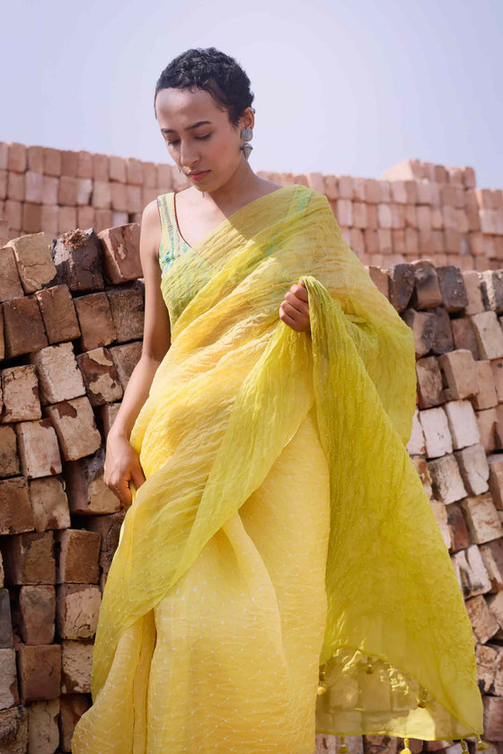 Bandhani on Pure Organza Saree with Blouse - Shaded Lime Green