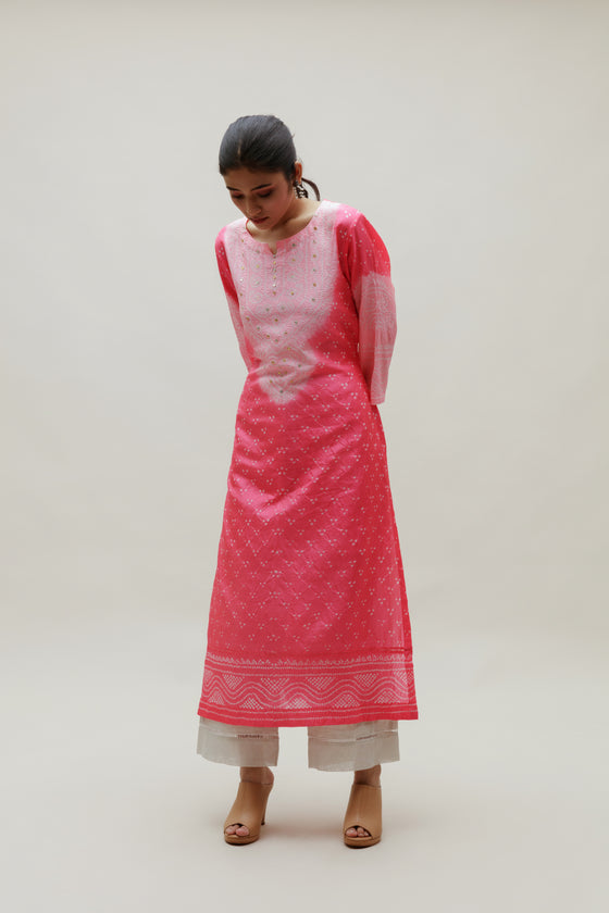 Bandhani Kurta on Pure Silk - Aba Yoke Peach Pink