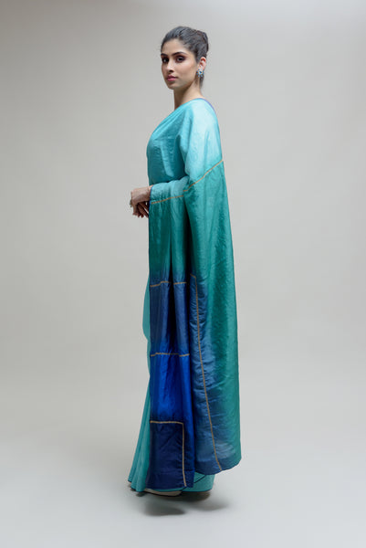 Blue Silk Saree with Colour Blocked Palla – Naina Jain