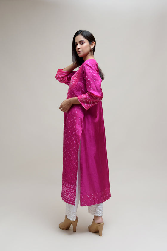 Bandhani Kurta on Pure Silk - Aba Yoke Magenta Pink