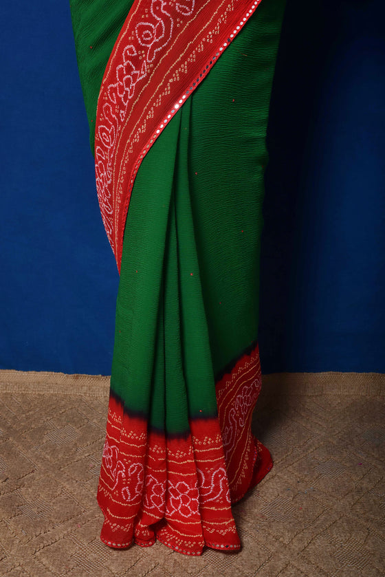 Classic Red and Green Bandhani on Chiffon Saree