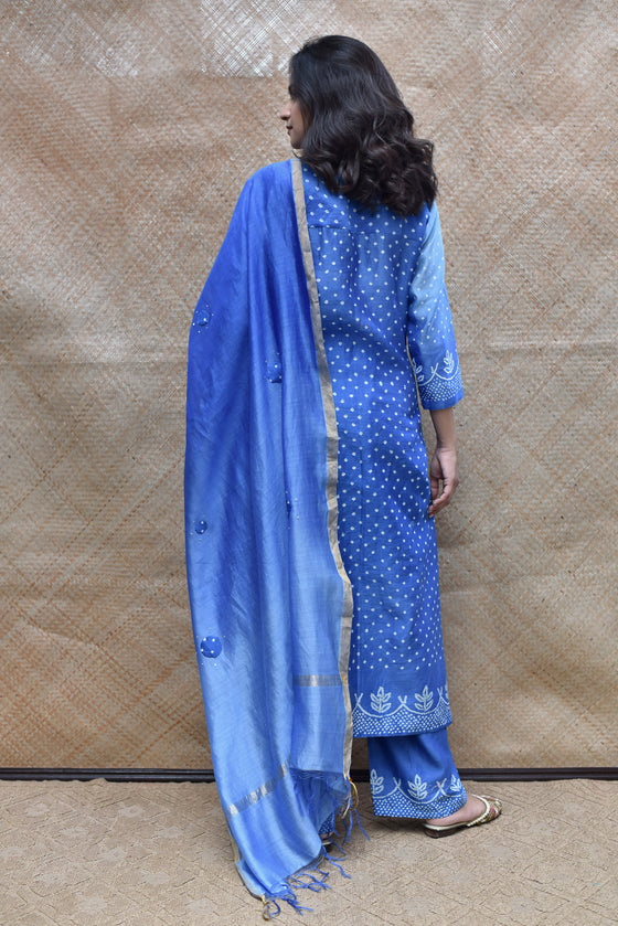 Blue Shaded Bandhani on Chanderi Suit Set