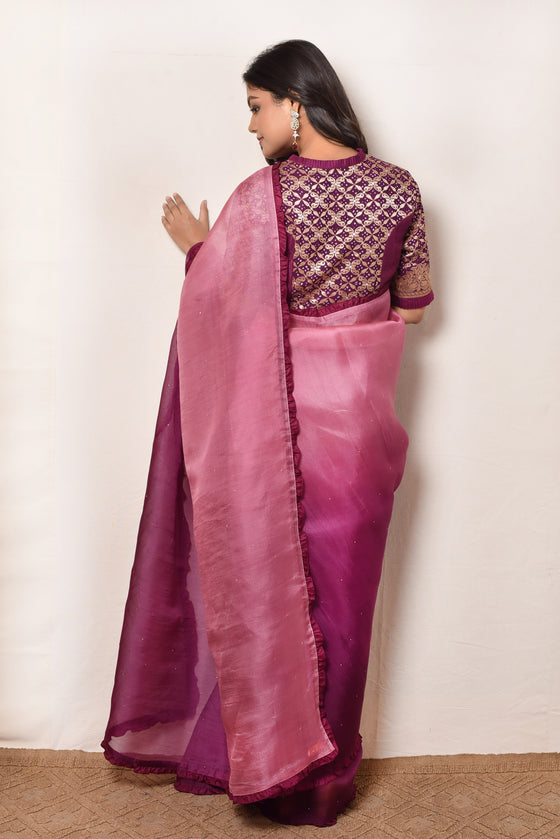 Shaded Organza Saree with Bandhani Blouse - Purple
