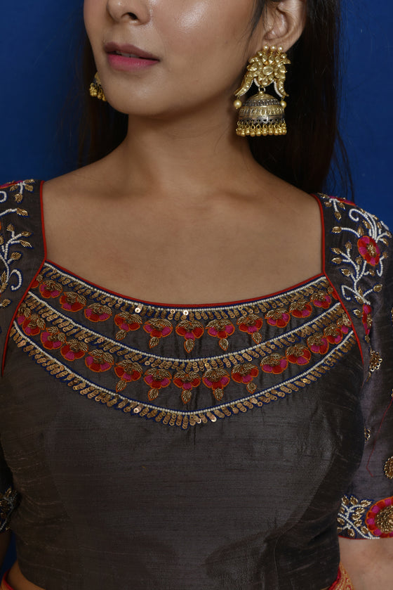 Grey Raw Silk Embroidered Blouse