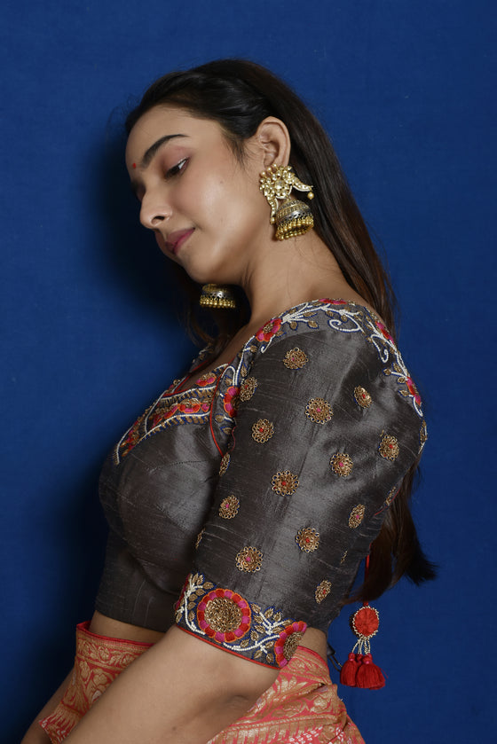 Grey Raw Silk Embroidered Blouse