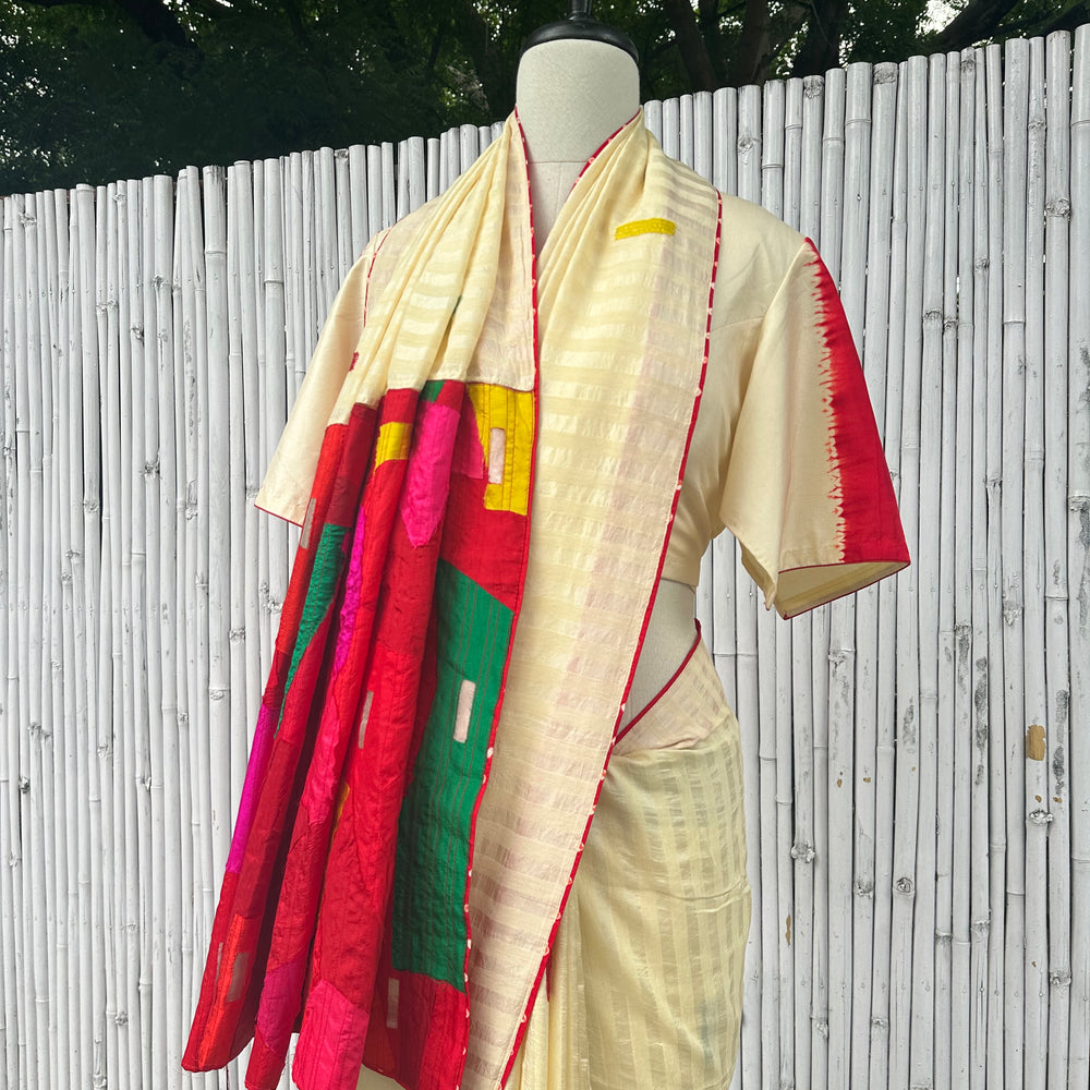 Patchwork Palla Silk Saree - White