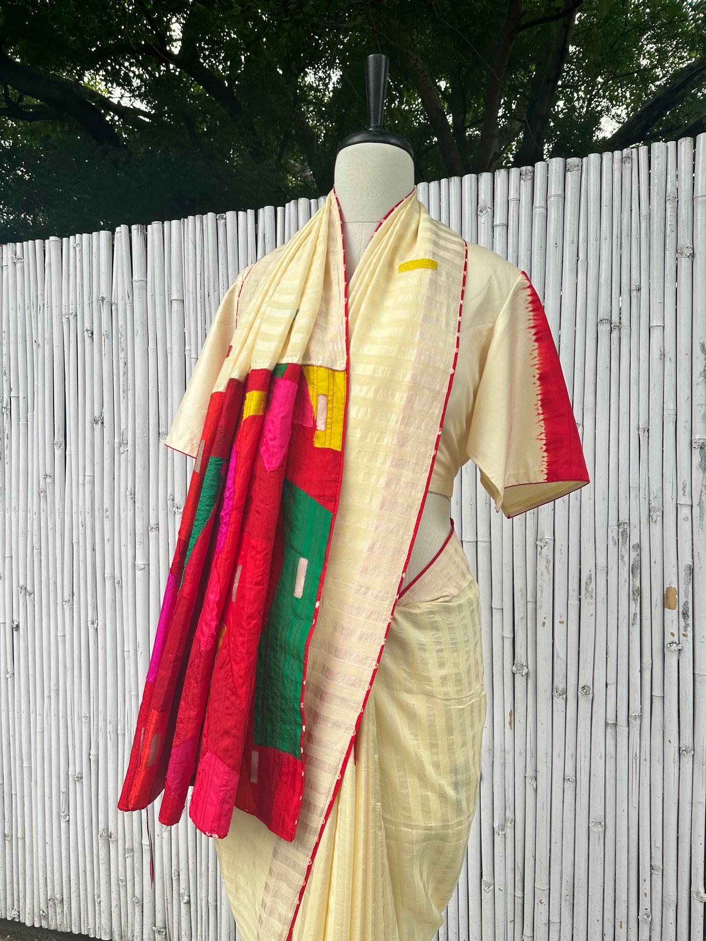 Patchwork Palla Silk Saree - White