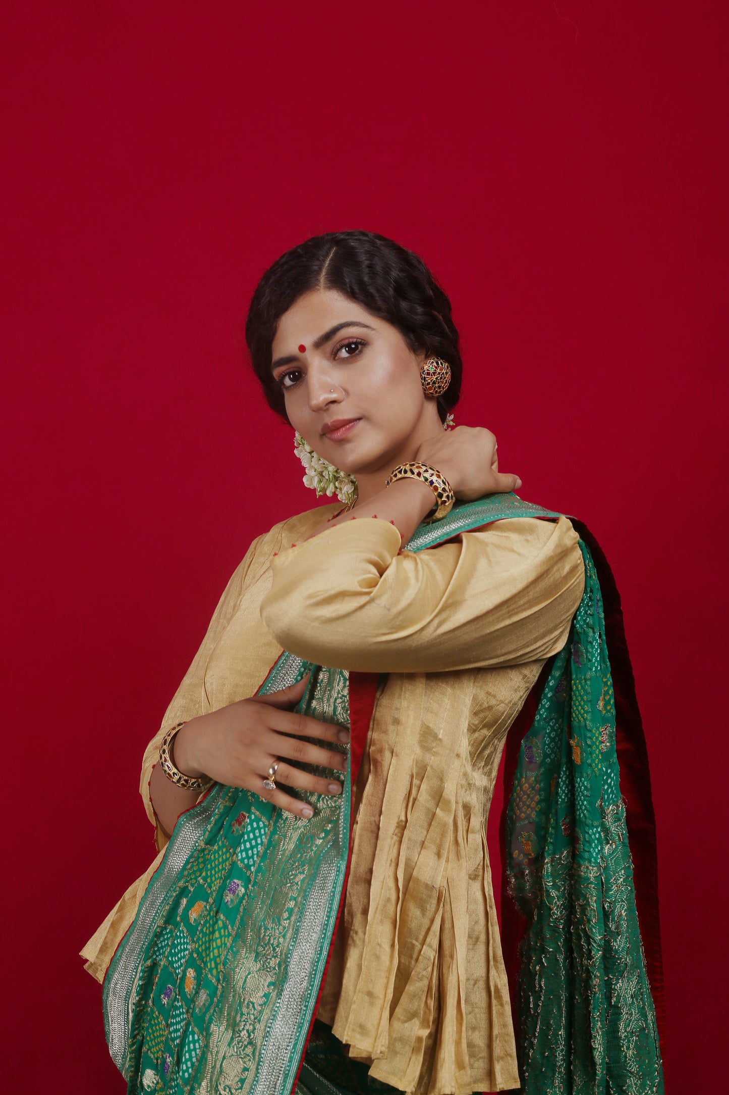 A Parade of Elephants - Meenakari Banarasi Bandhani Saree in Green