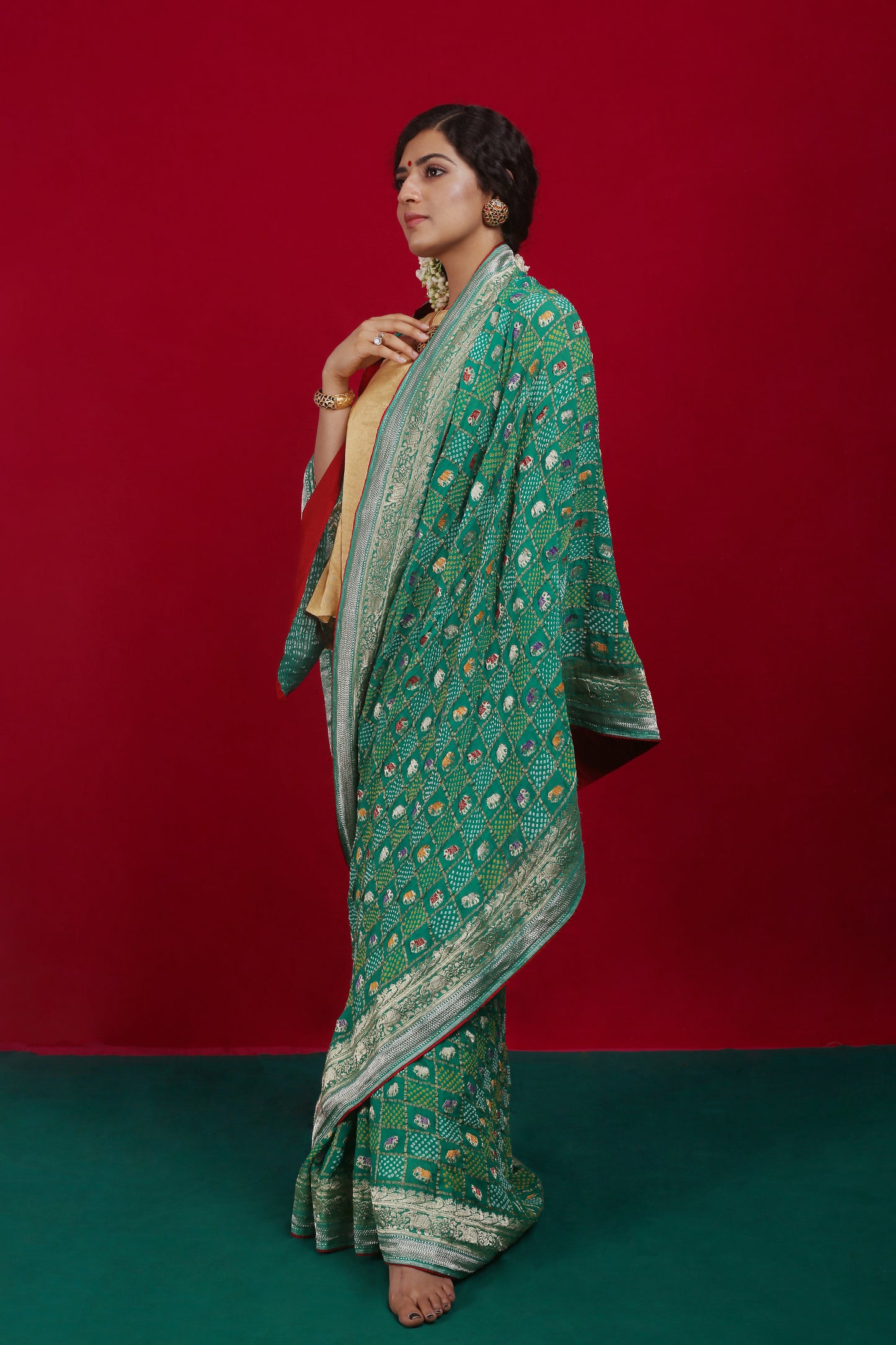 A Parade of Elephants - Meenakari Banarasi Bandhani Saree in Green