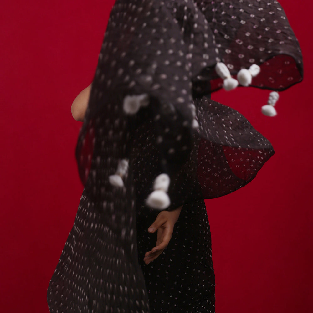 
                  
                    Bandhani on Pure Organza Saree in a Jet Black
                  
                