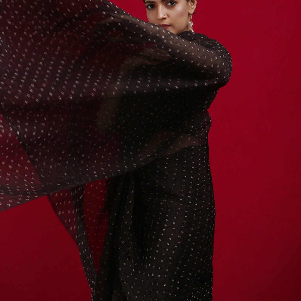 
                  
                    Bandhani on Pure Organza Saree in a Jet Black
                  
                