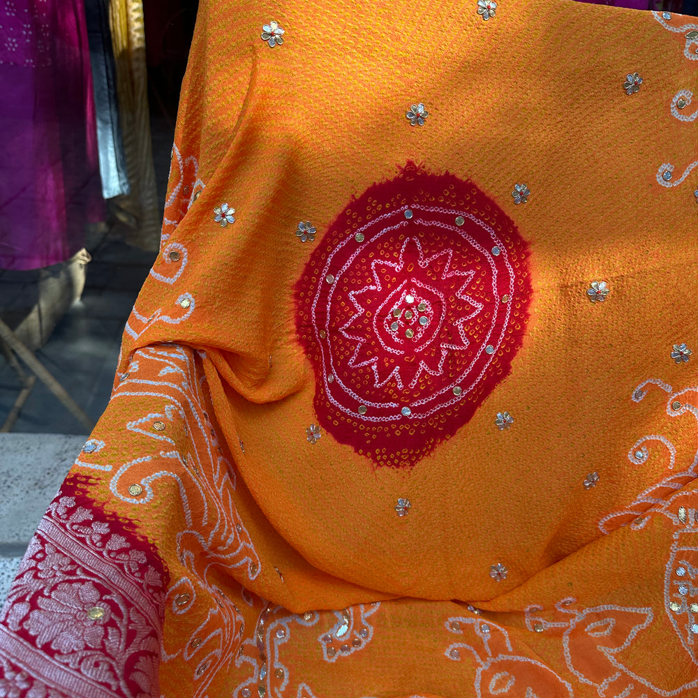 Peacock Peeliya — Orange Red Banarasi Bandhani with Gota Patti