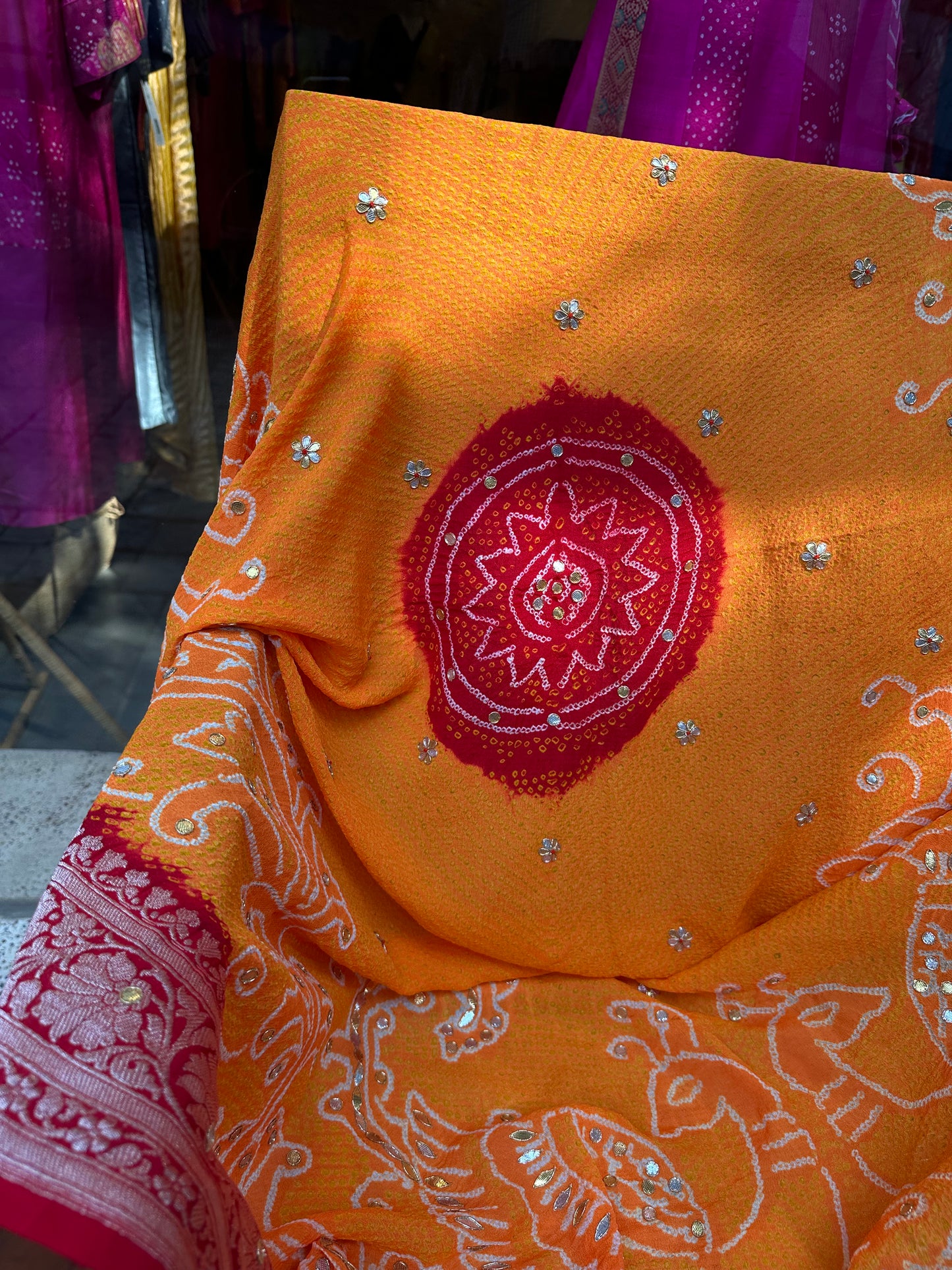 Peacock Peeliya — Orange Red Banarasi Bandhani with Gota Patti