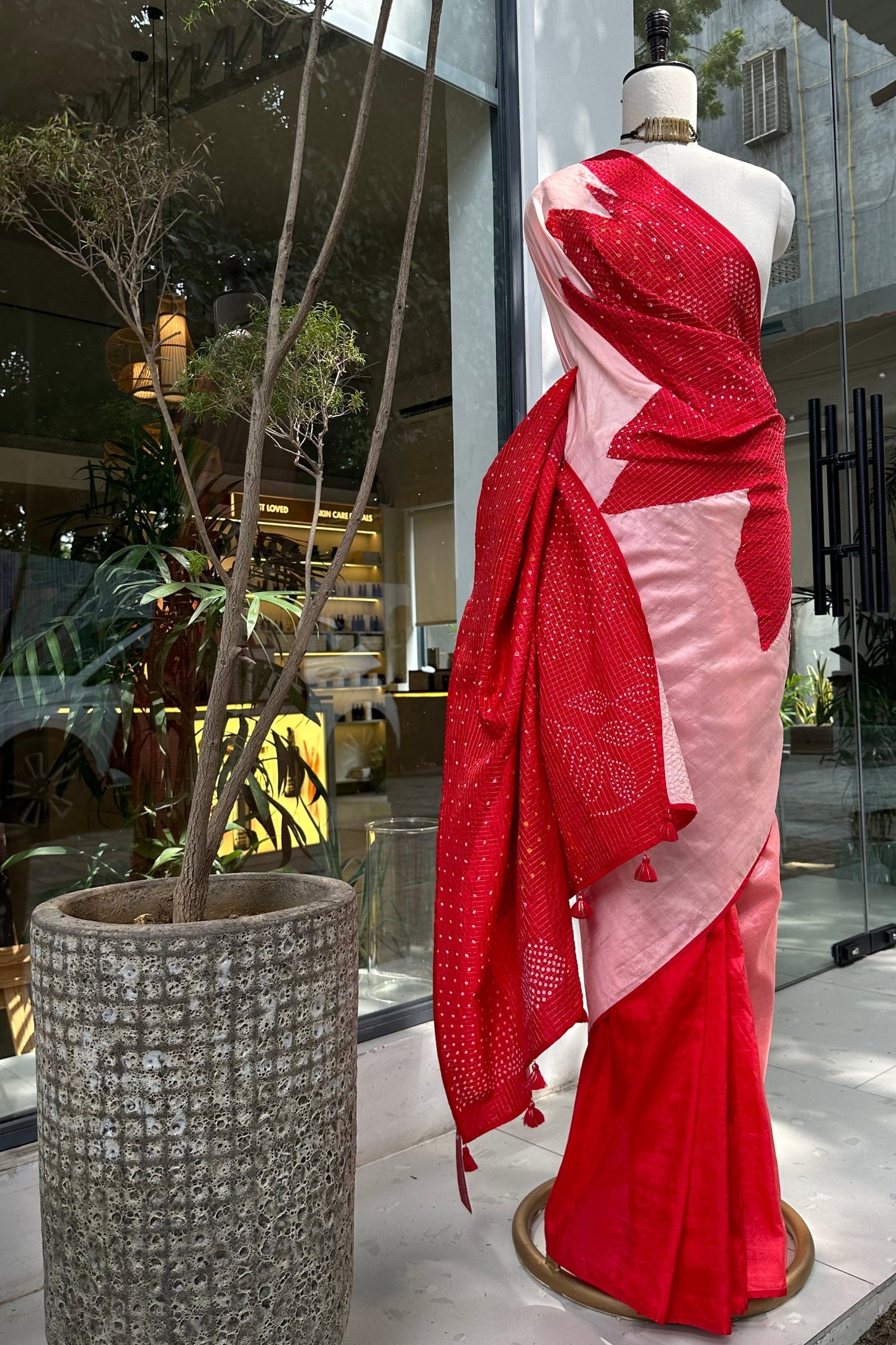 Patchwork Silk Bandhani Saree - Red