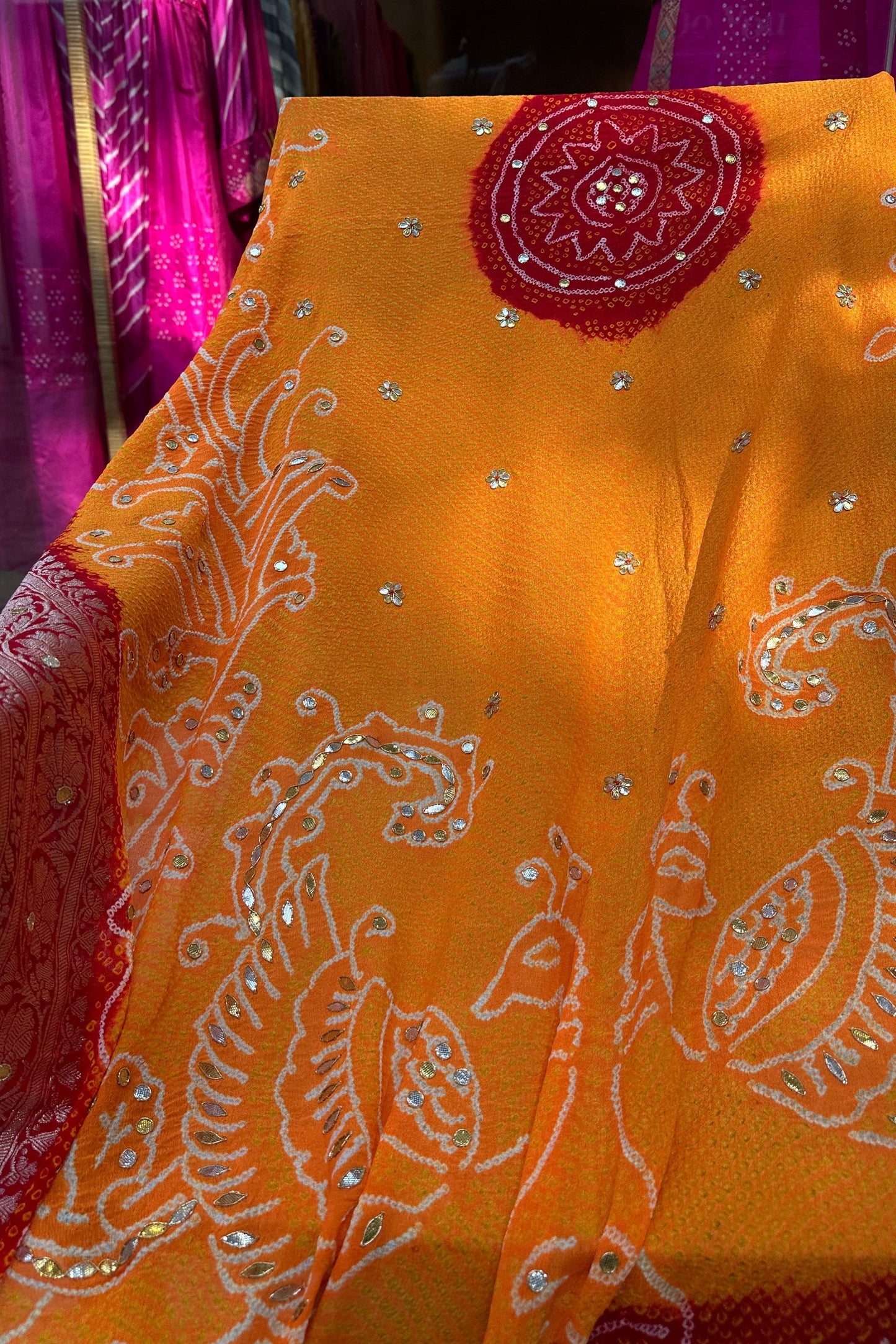 Peacock Peeliya — Orange Red Banarasi Bandhani with Gota Patti