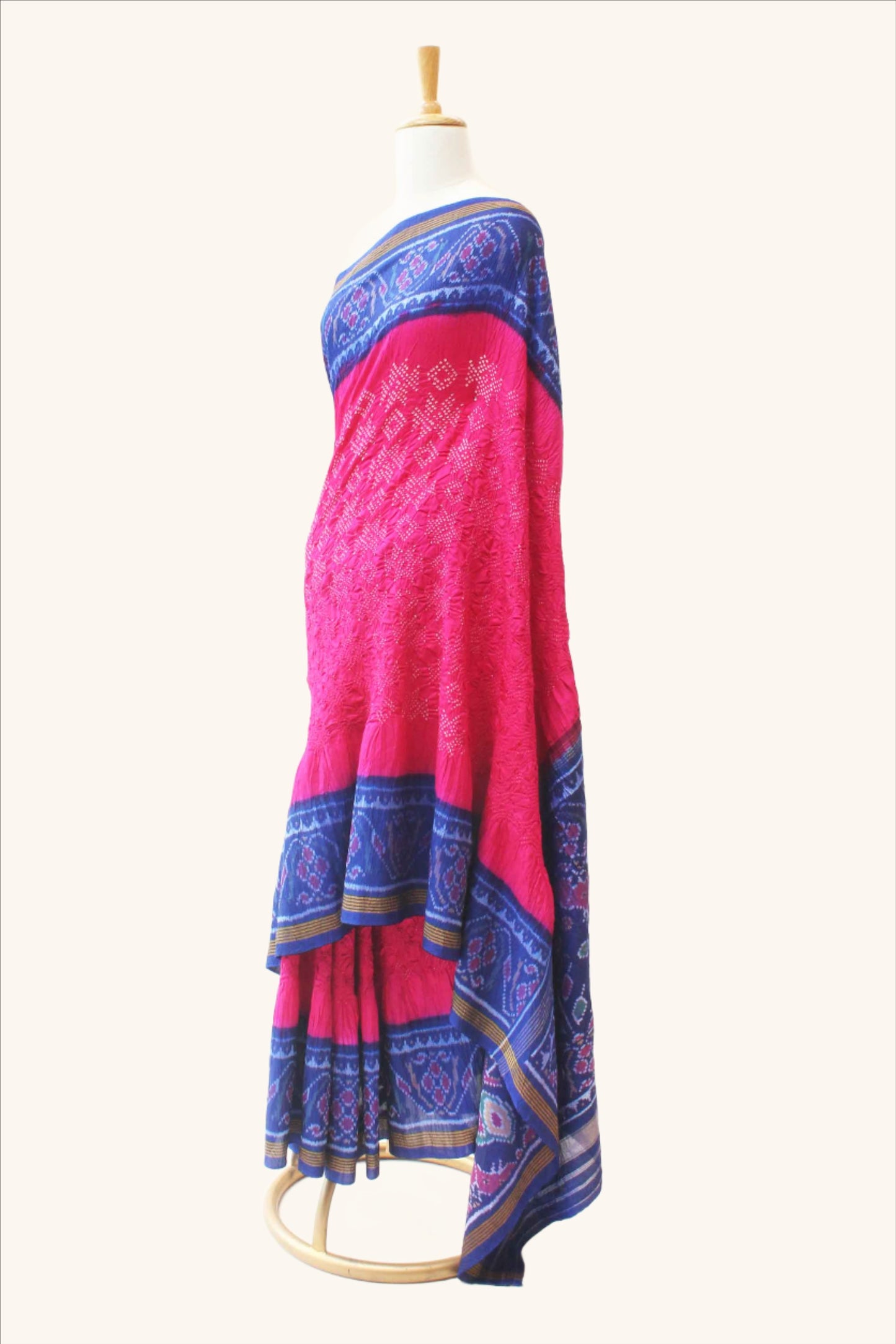 Pink and Blue Patola Border Saree with Bandhani