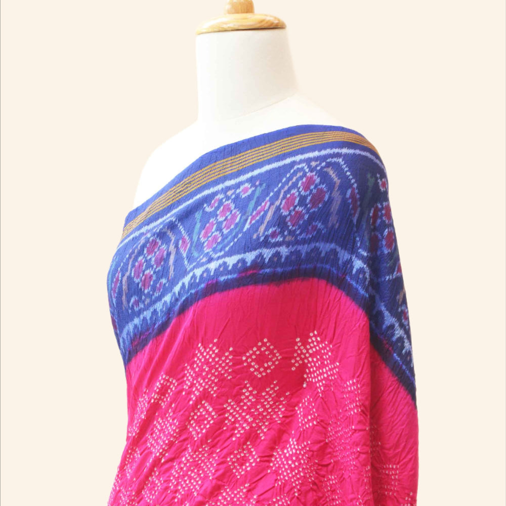 Pink and Blue Patola Border Saree with Bandhani