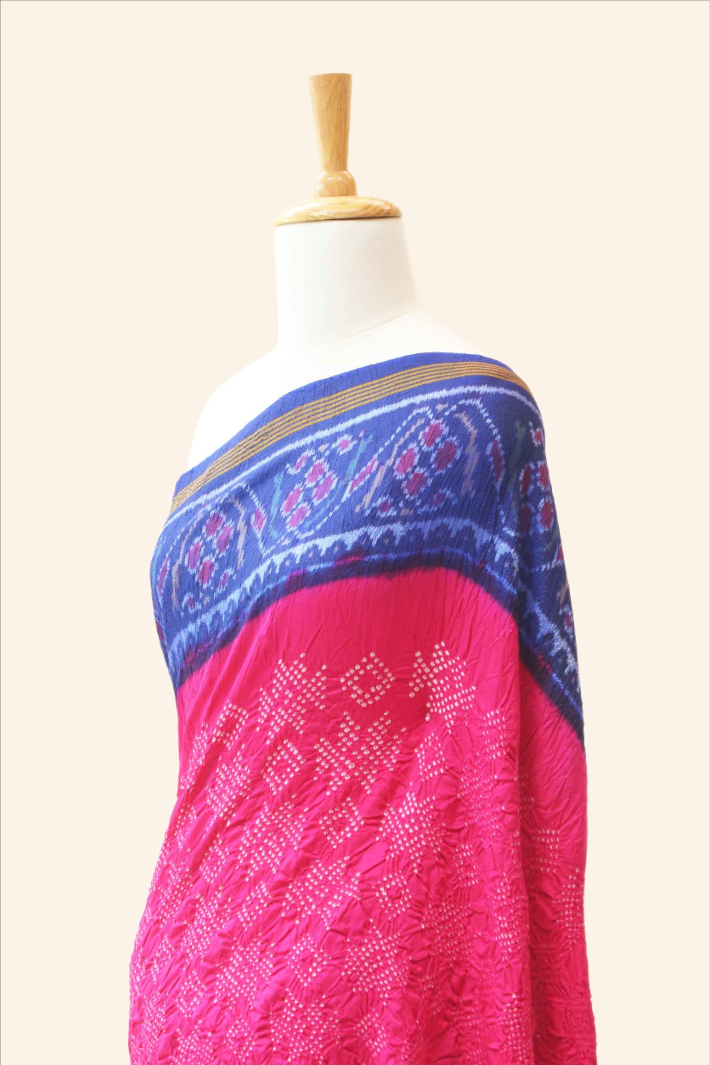 Pink and Blue Patola Border Saree with Bandhani