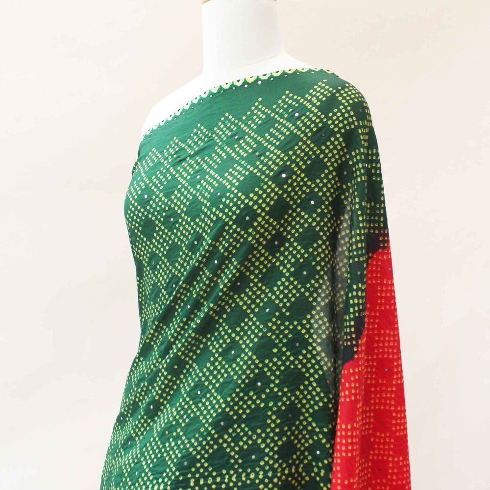 Red Green Bandhani Silk Saree with Mirror Work