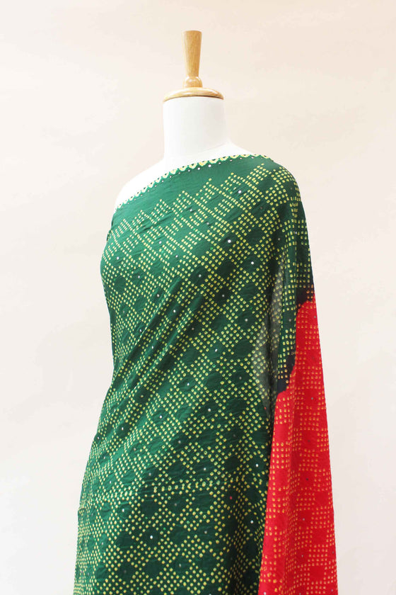 Red Green Bandhani Silk Saree with Mirror Work