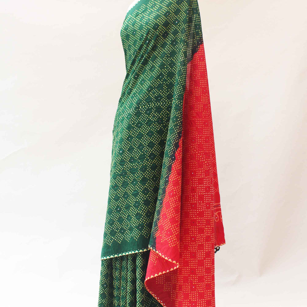 
                      
                        Red Green Bandhani Silk Saree with Mirror Work
                      
                    