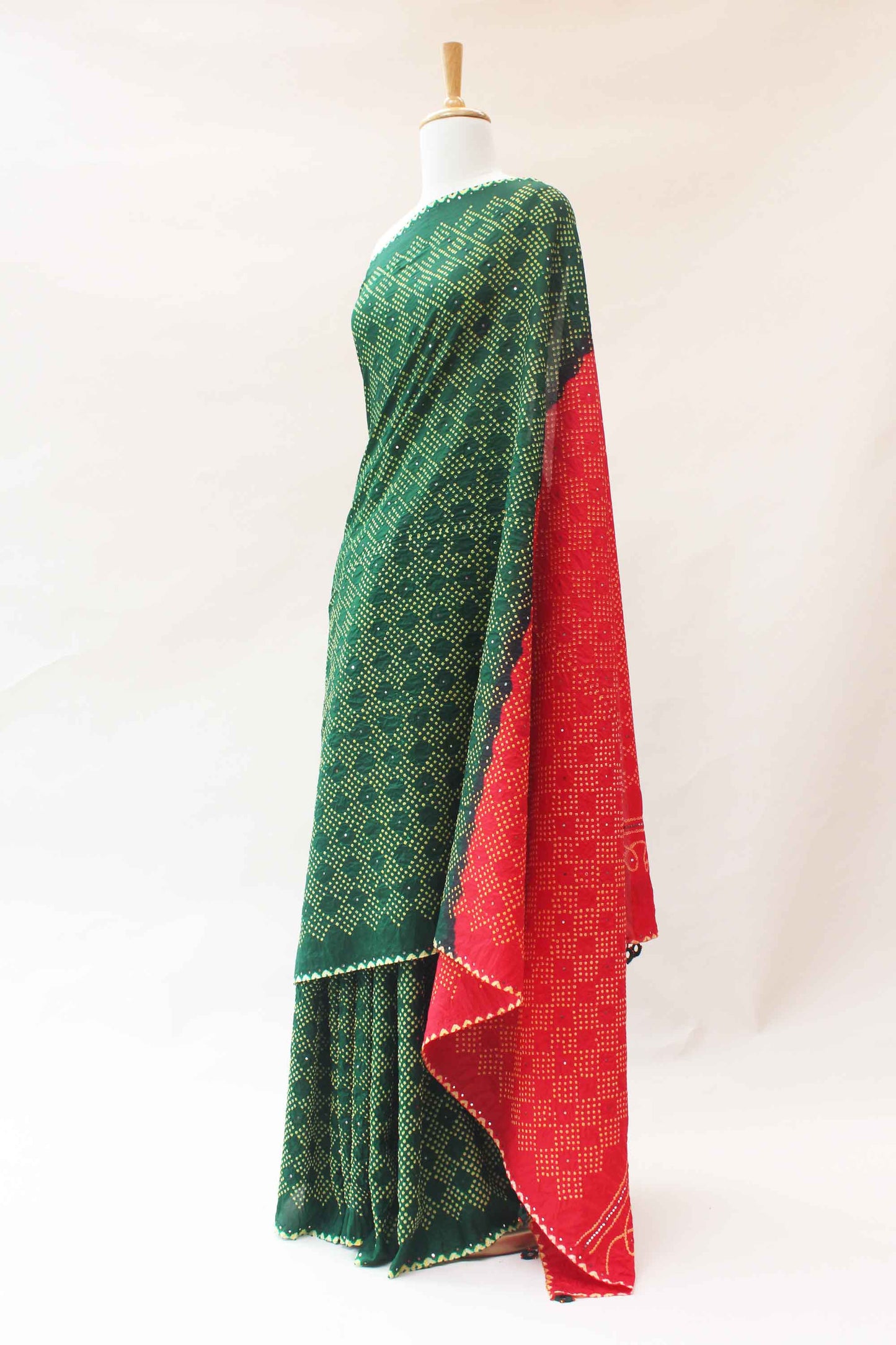 Red Green Bandhani Silk Saree with Mirror Work