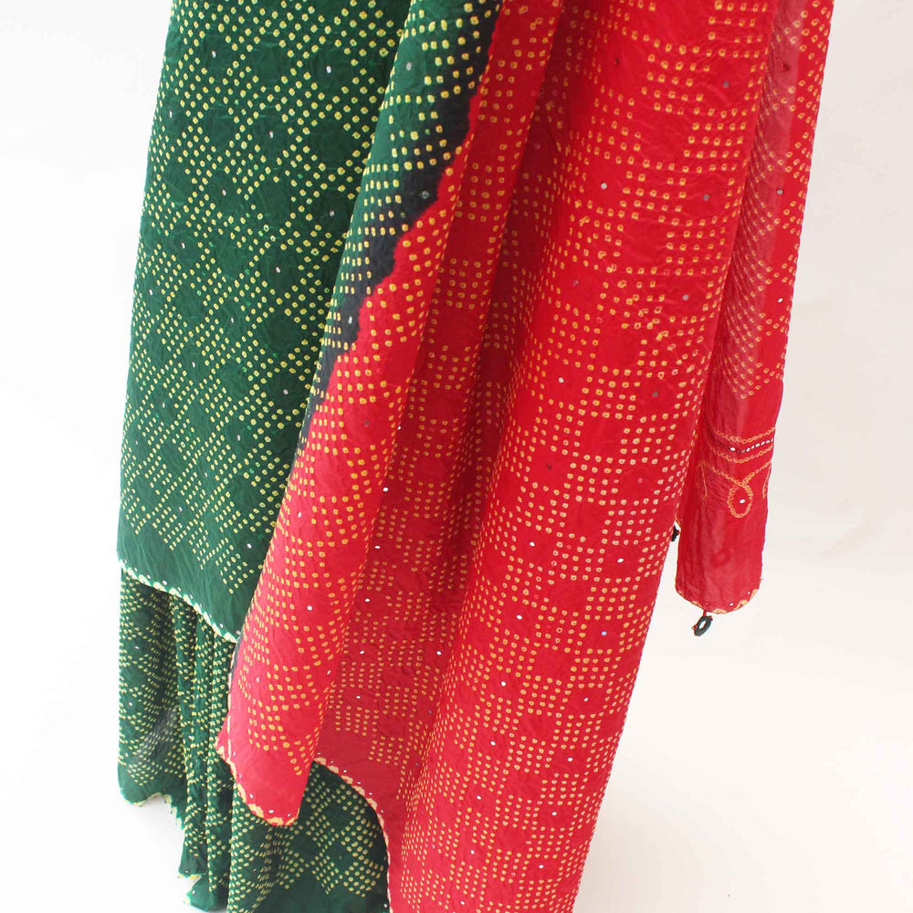 
                      
                        Red Green Bandhani Silk Saree with Mirror Work
                      
                    