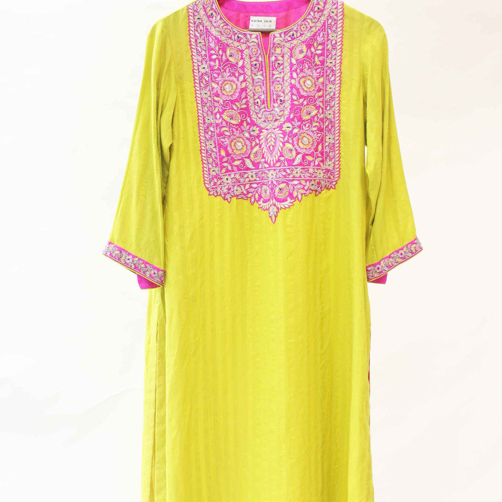 Silk Cotton Green Kurta Pants with Cutdana Yoke