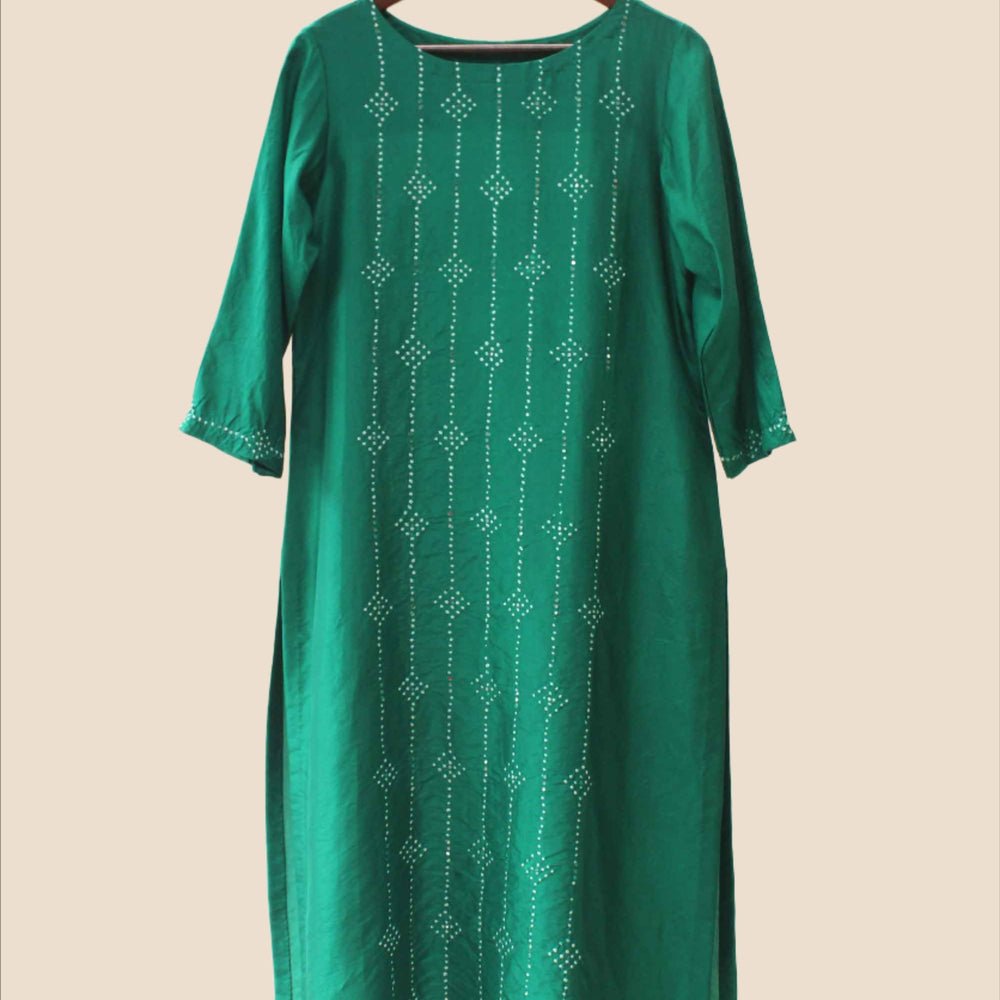 
                      
                        Bandhani on Pure Silk Kurta Pants Set - Green
                      
                    