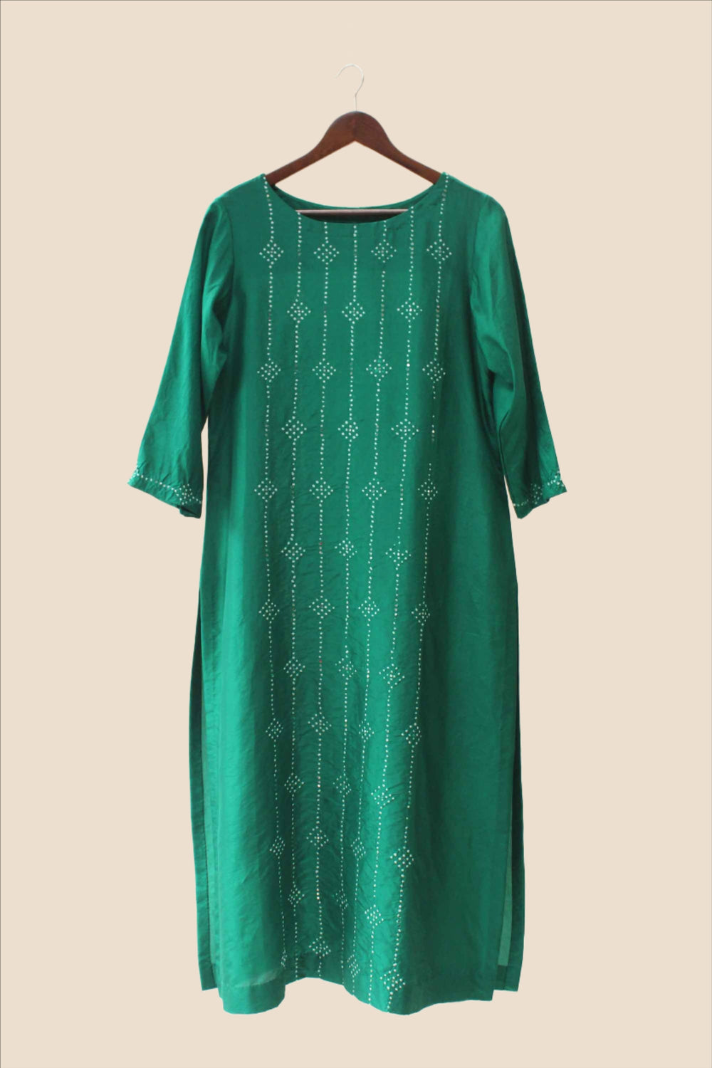 Bandhani on Pure Silk Kurta Pants Set - Green