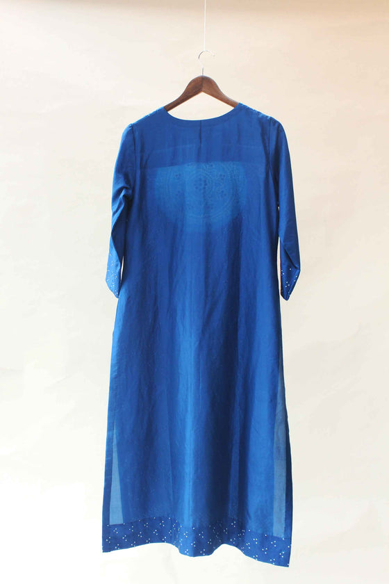 Bandhani on Pure Silk Kurta Pants Set - Blue