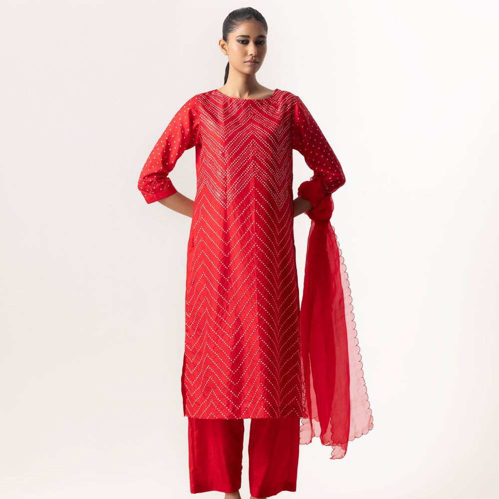 Bandhani Mirror Work Suit Set By Naina Jain-Red