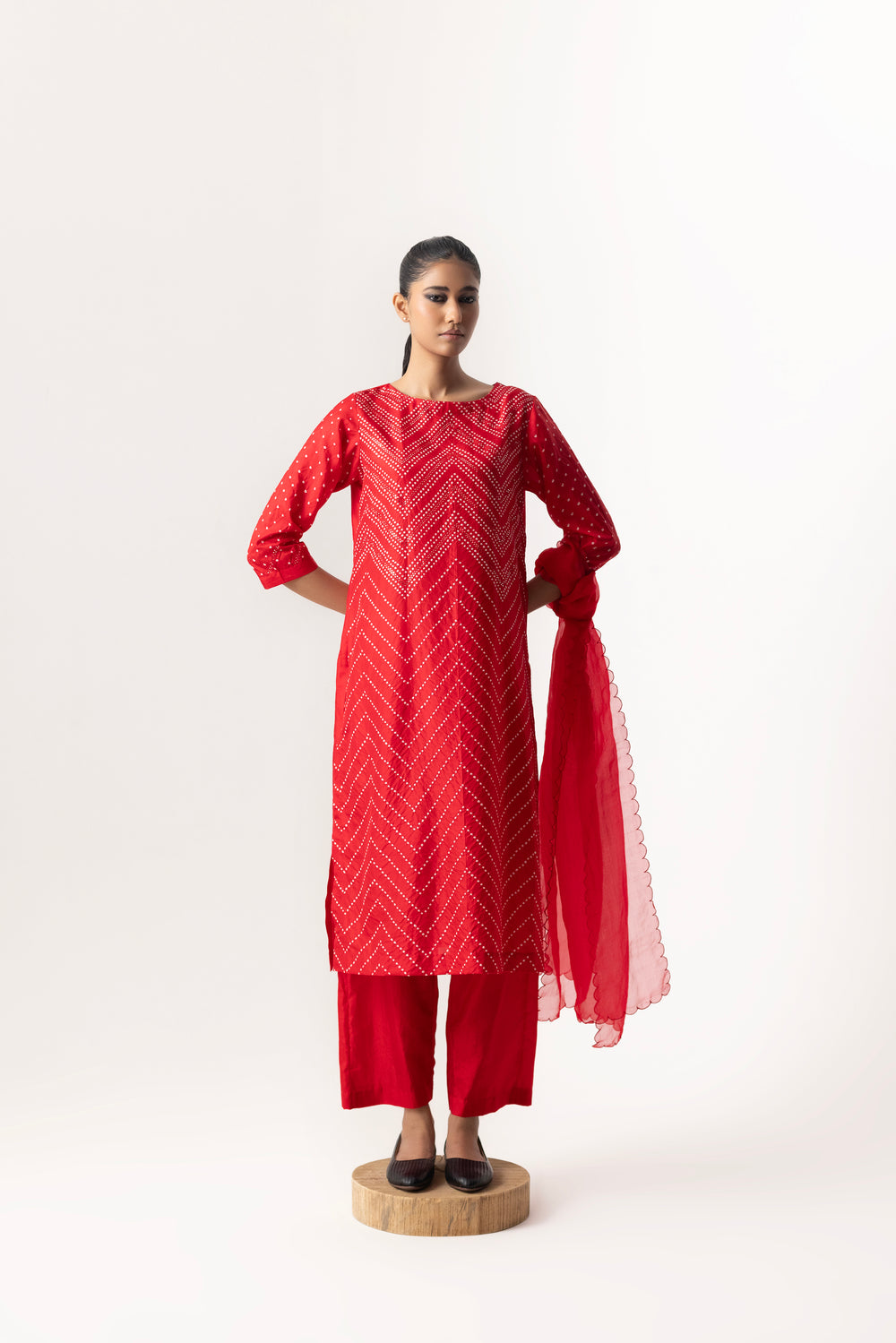 Bandhani Mirror Work Suit Set By Naina Jain-Red