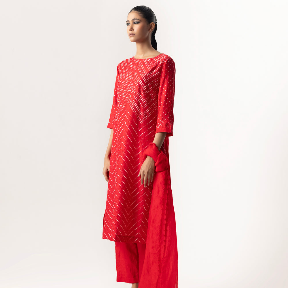 Bandhani Mirror Work Suit Set By Naina Jain-Red