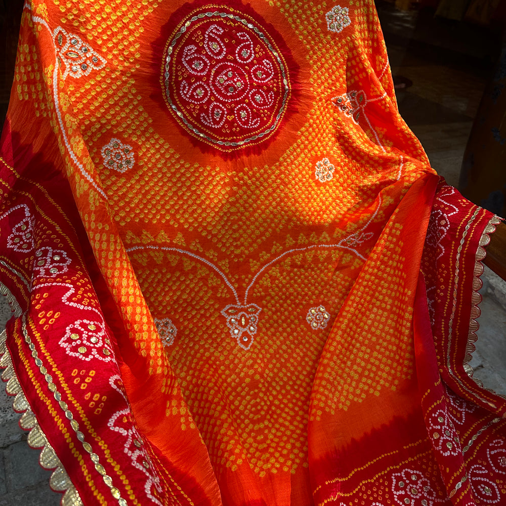 Orange Red Gaji Silk Bandhani Dupatta with Gota Patti