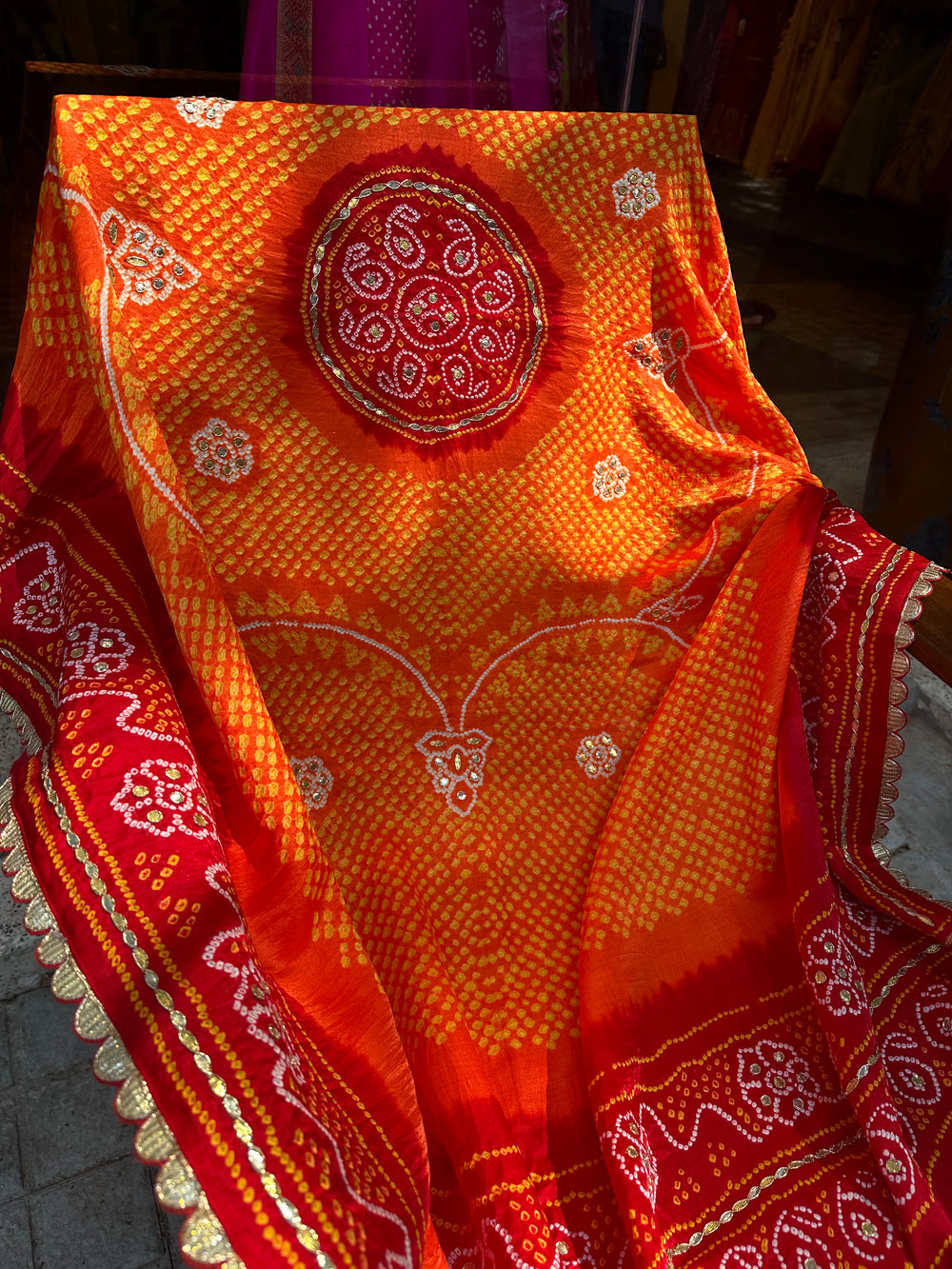 Orange Red Gaji Silk Bandhani Dupatta with Gota Patti