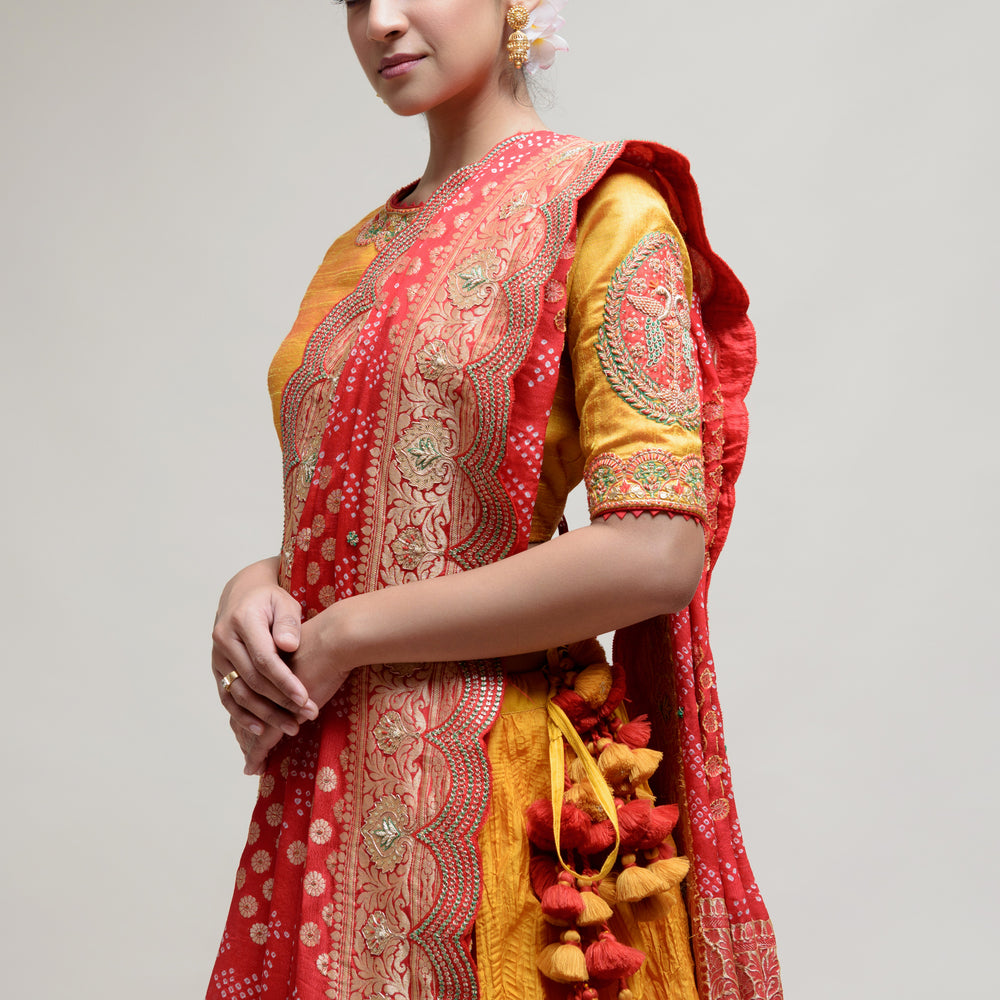 Roza Lehenga Set - Yellow Red