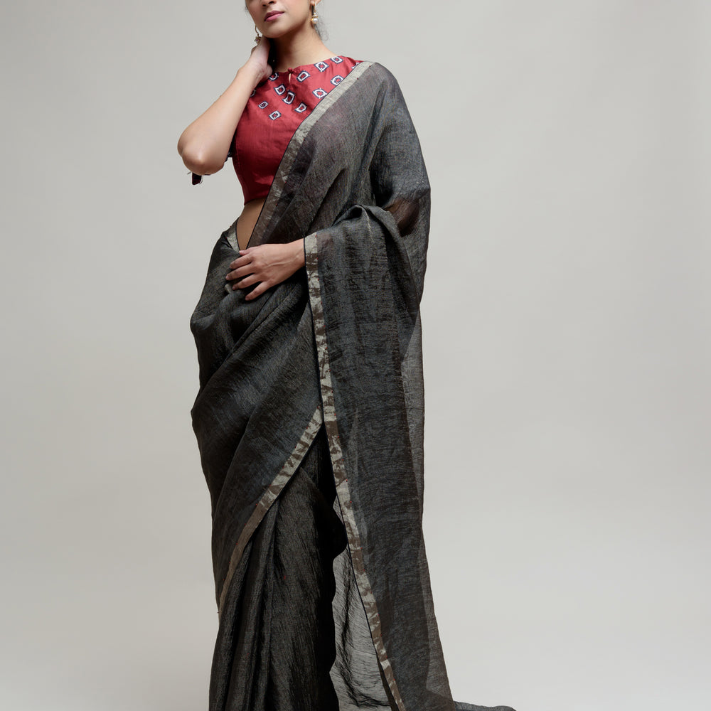 
                      
                        Black Linen Tissue Saree with Bandhani Blouse
                      
                    