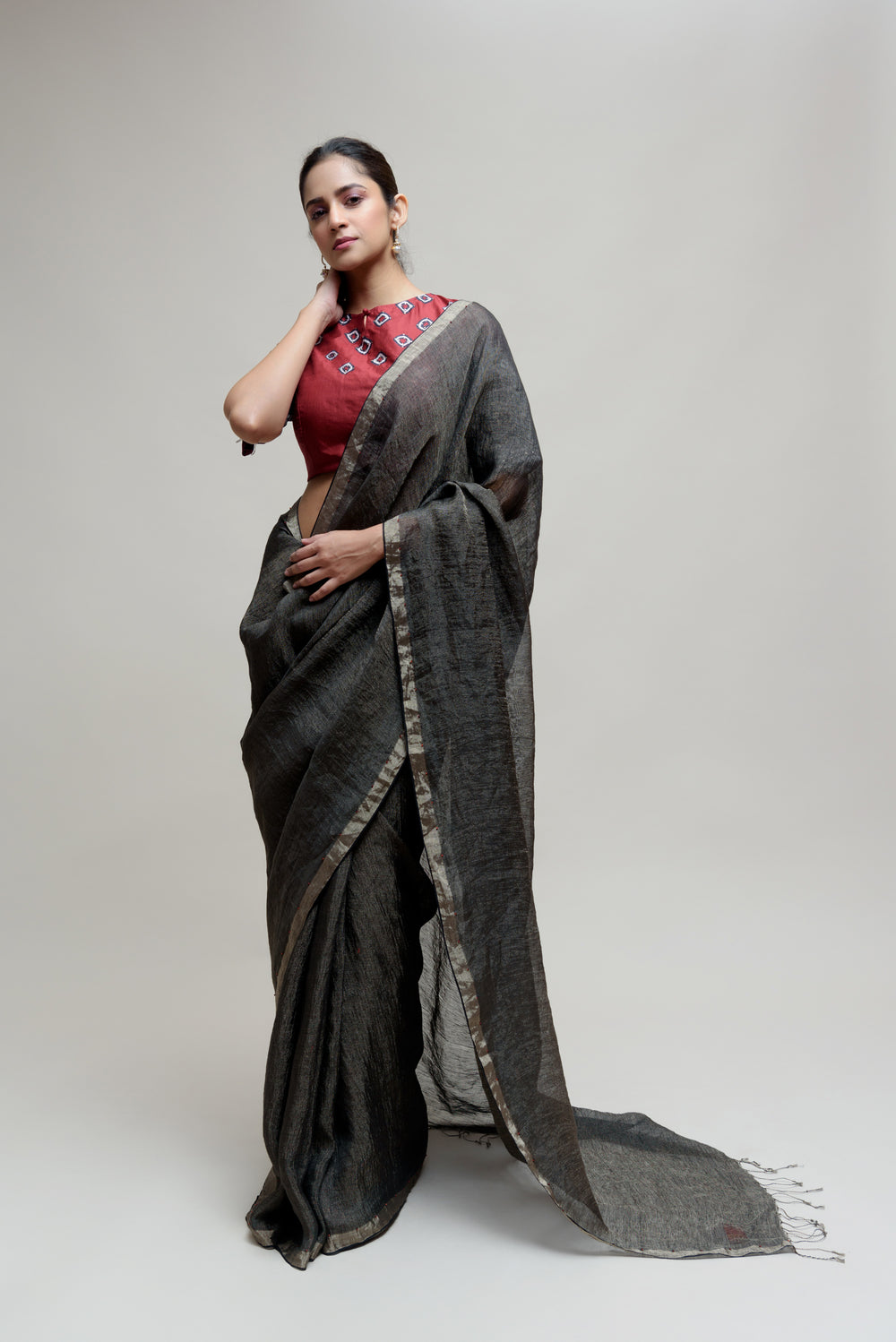 Black Linen Tissue Saree with Bandhani Blouse