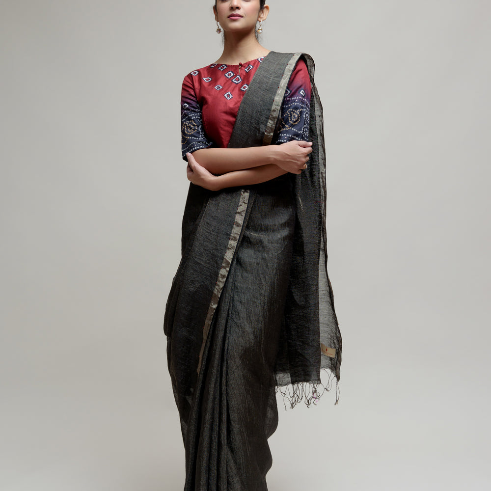 Black Linen Tissue Saree with Bandhani Blouse