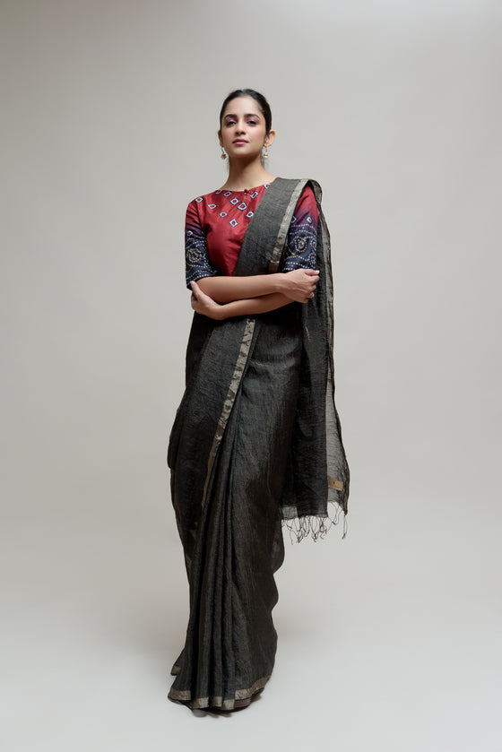 Black Linen Tissue Saree with Bandhani Blouse