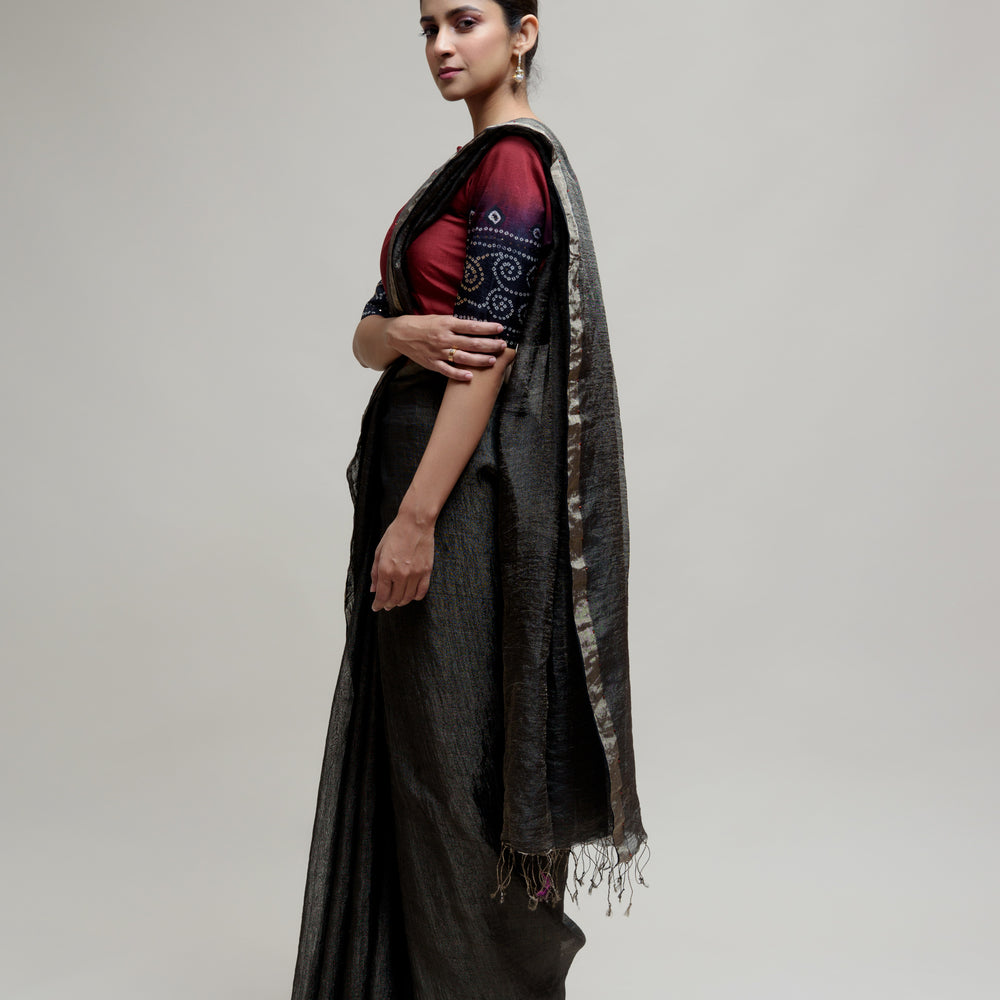 
                      
                        Black Linen Tissue Saree with Bandhani Blouse
                      
                    