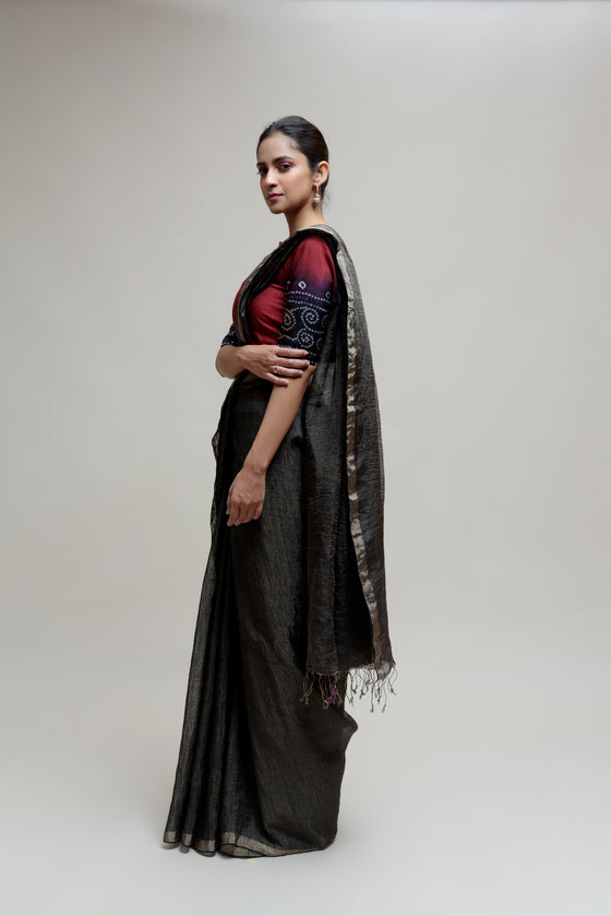 Black Silver Zari Weaving Work Striped Saree