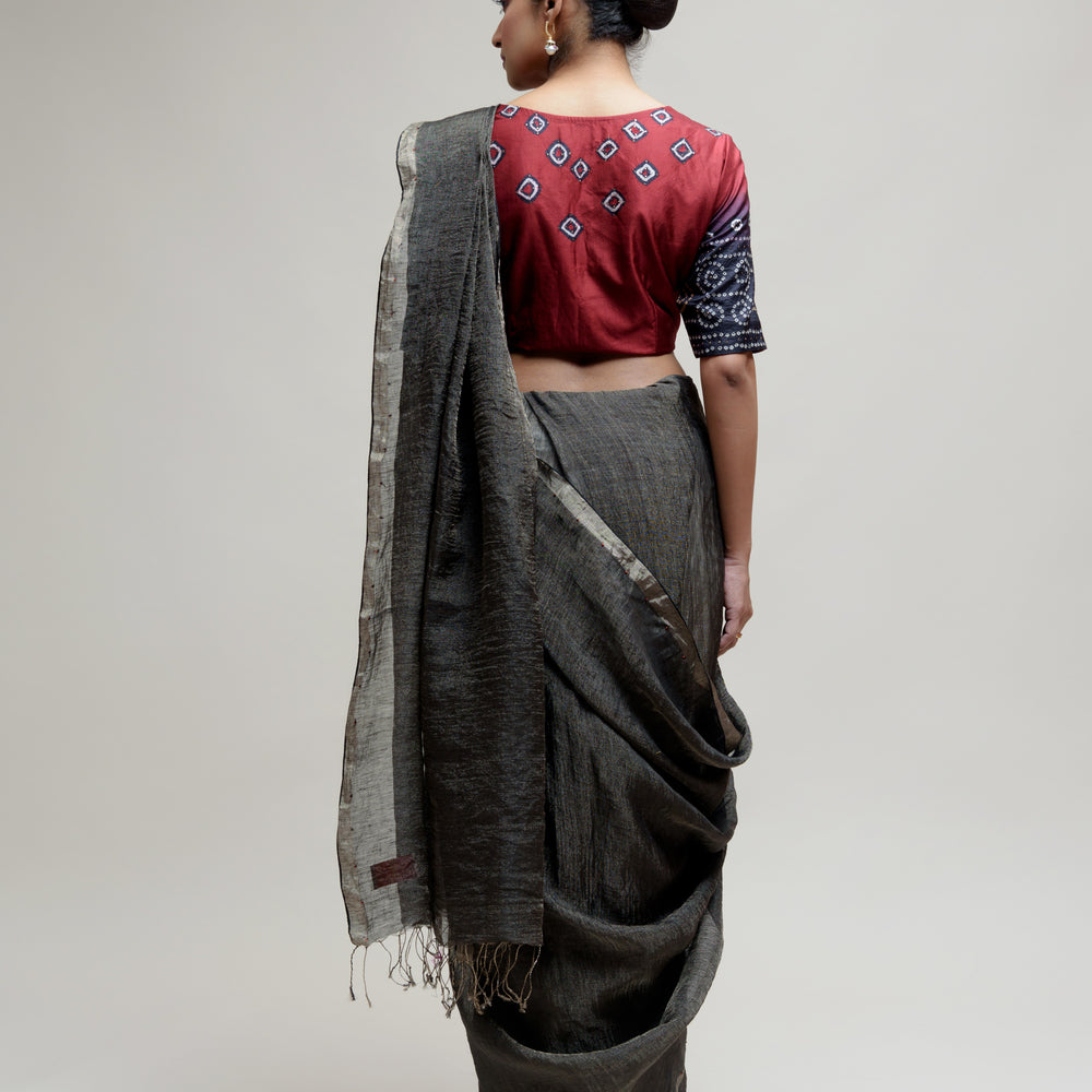 
                      
                        Black Linen Tissue Saree with Bandhani Blouse
                      
                    