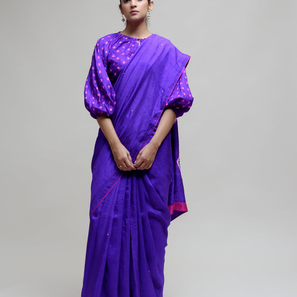 
                      
                        Silk Hand Dyed Saree with Bandhani Blouse - Purple
                      
                    