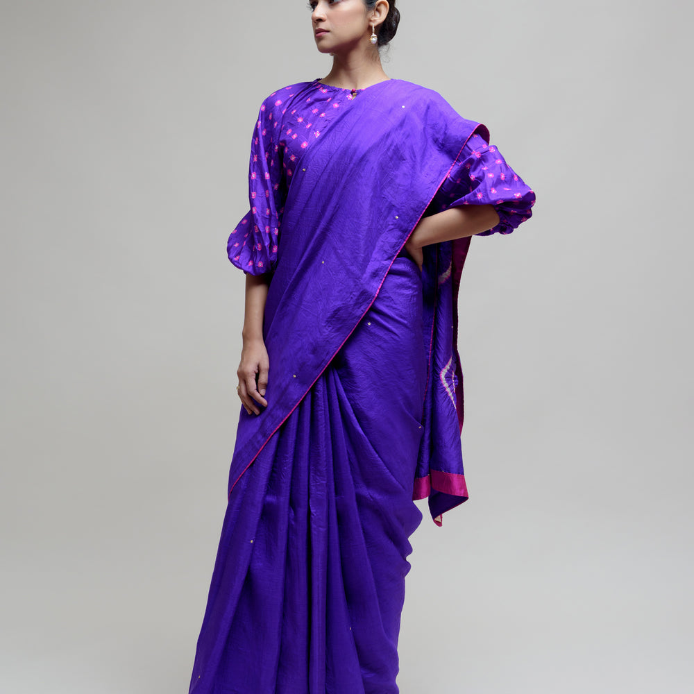 
                      
                        Silk Hand Dyed Saree with Bandhani Blouse - Purple
                      
                    