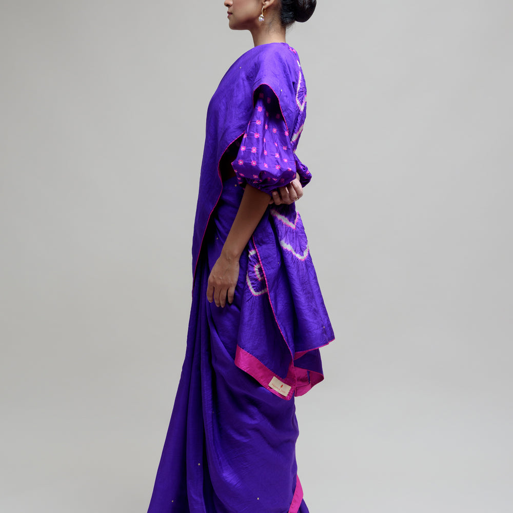 
                      
                        Silk Hand Dyed Saree with Bandhani Blouse - Purple
                      
                    