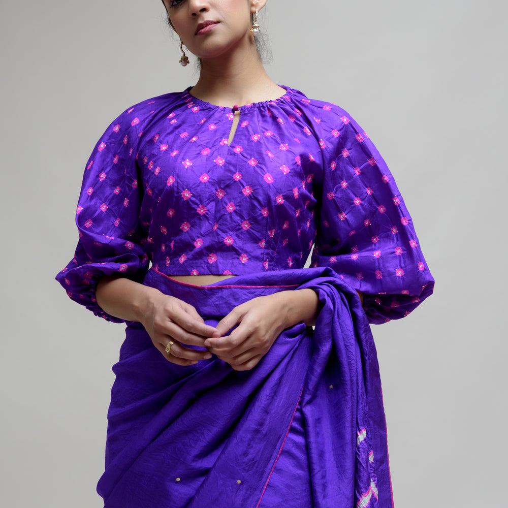 Silk Hand Dyed Saree with Bandhani Blouse - Purple