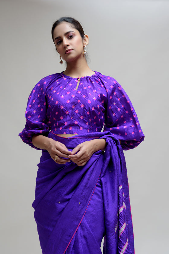 Silk Hand Dyed Saree with Bandhani Blouse - Purple