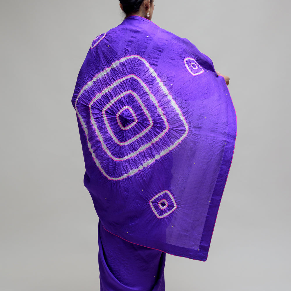 Silk Hand Dyed Saree with Bandhani Blouse - Purple